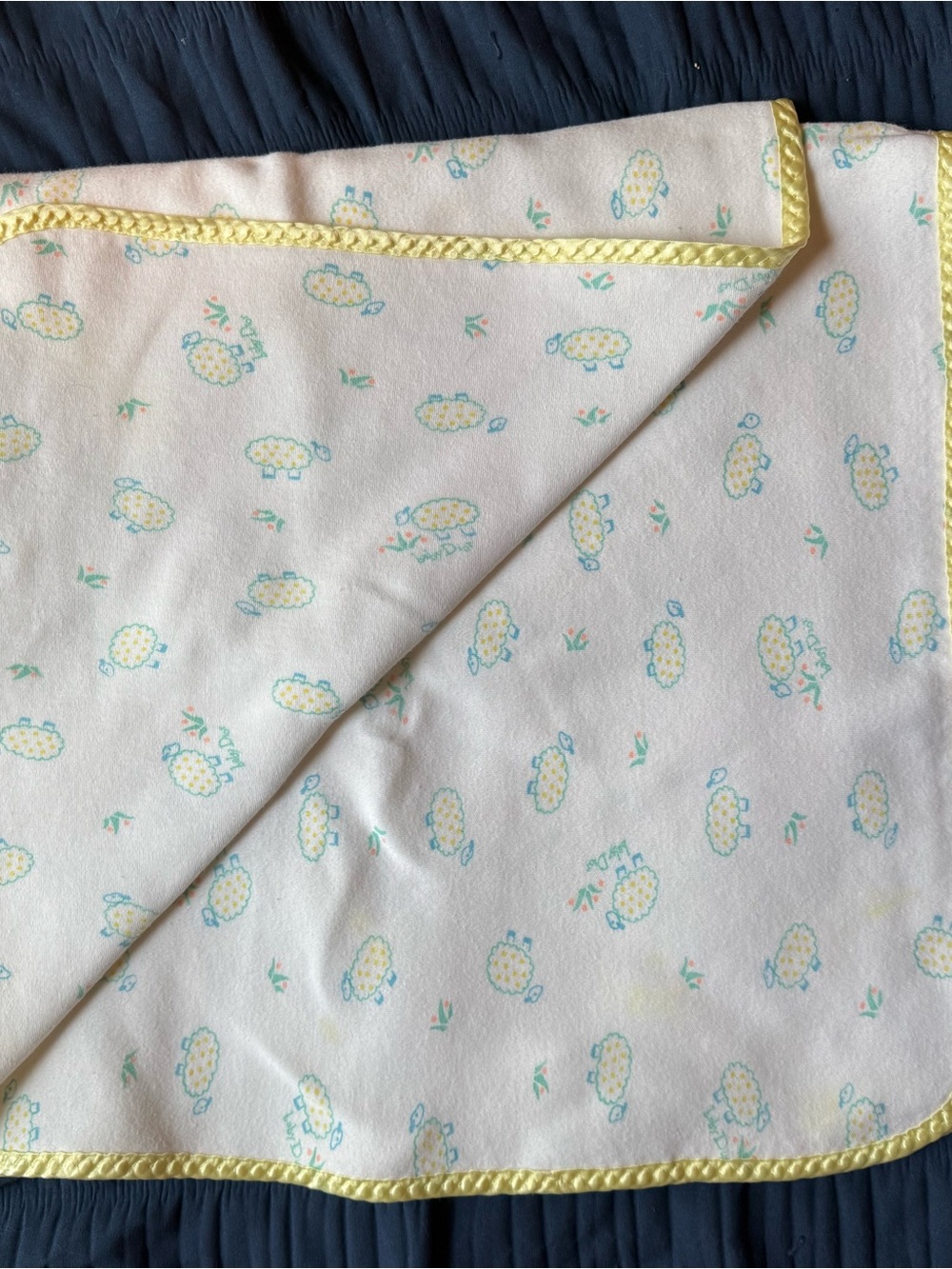 Vintage 1980s Dior Baby Blanket with Yellow Trim and Sheep Motif